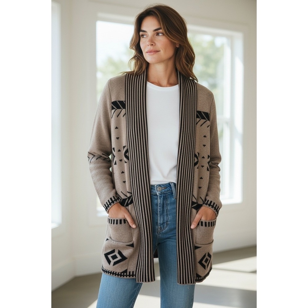 Pixley Women's Sweater Taupe Black Aztec Print‎ Open Front Long Cardigan Size S